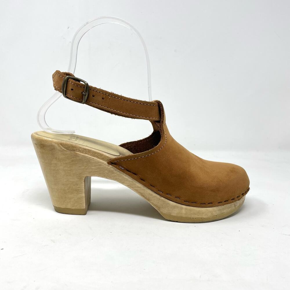 Sven Brown Nubuck Leather Wooden Halter Top High Heel Clog Sandals 36 5.5 6